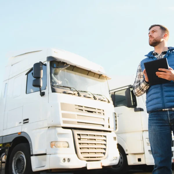 Lkw-Fahrer führt digitales e-Learning Arbeitssicherheit mit dem Tablet durch